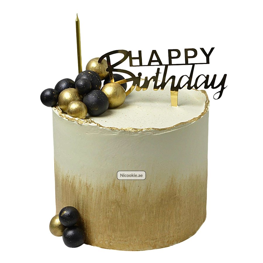 Elegant gold and black birthday cake with spheres and topper.