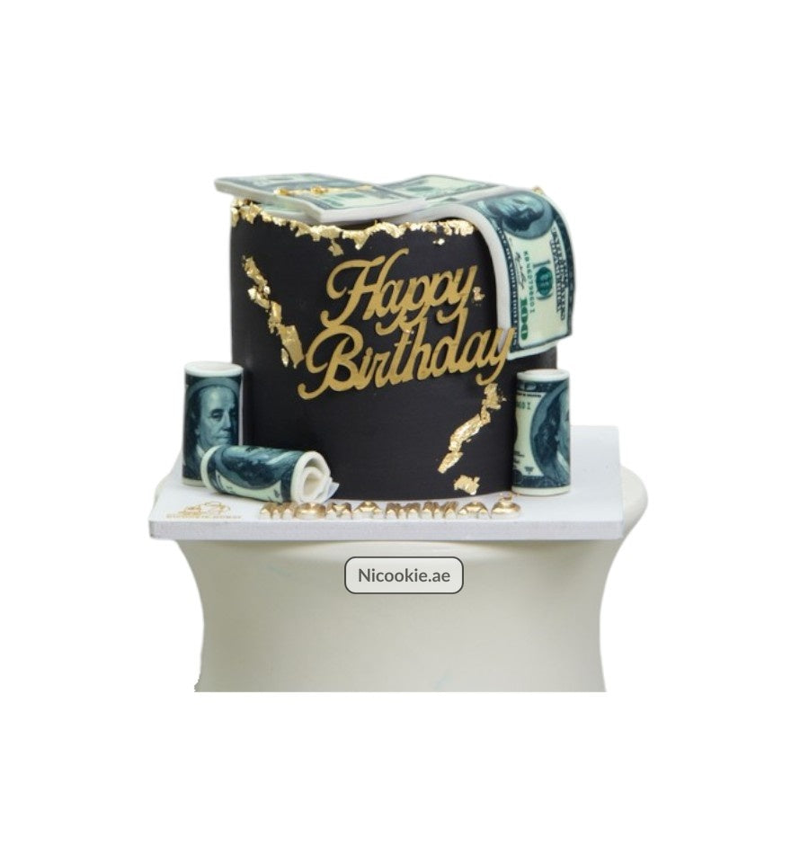 Golden Fortune Cake with dollar bill decorations and "Happy Birthday" text.