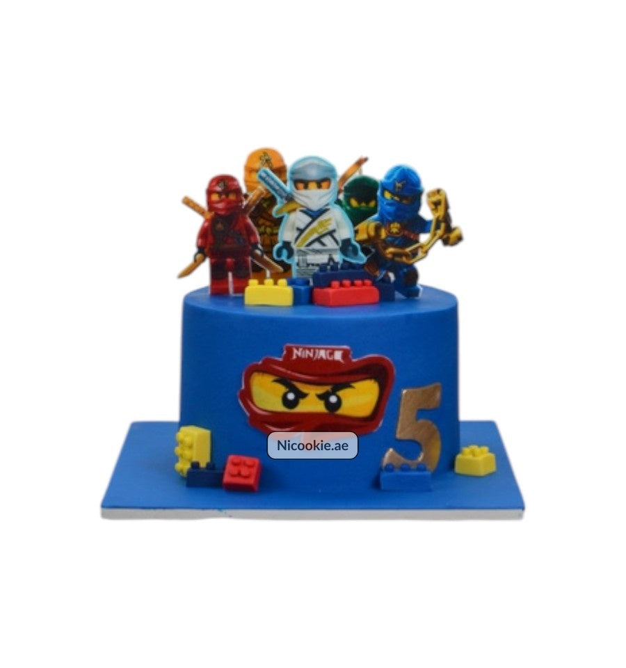 Blue Ninjago warrior cake with Lego figures and a number 5.