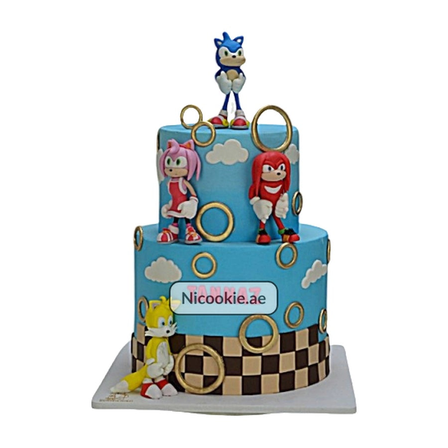 Sonic Game 3D Figurines Cake with Sonic, Amy, Knuckles, and Tails figures.