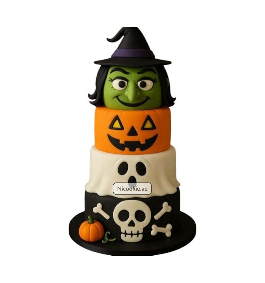 A four-tier Halloween cake with a witch, pumpkin, ghost, and skull design.