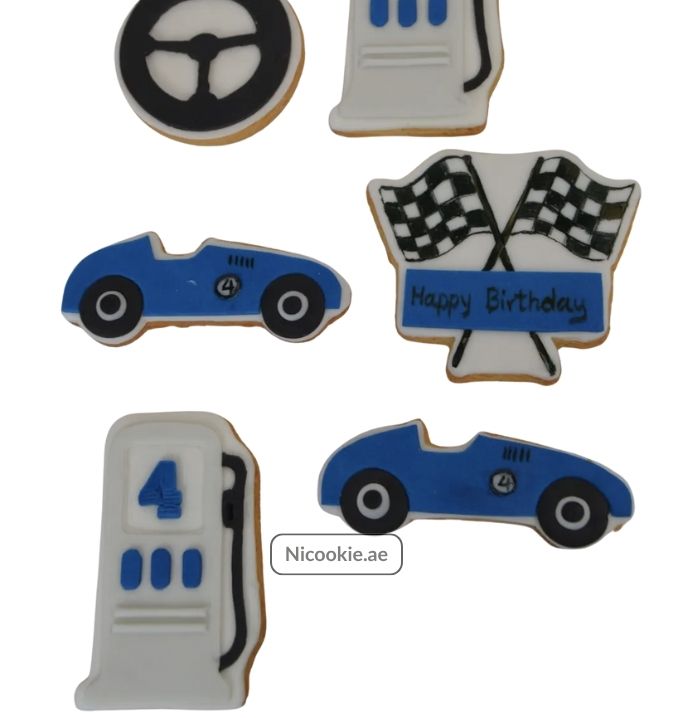 Race Day cookie set with cars, flags, and a steering wheel.