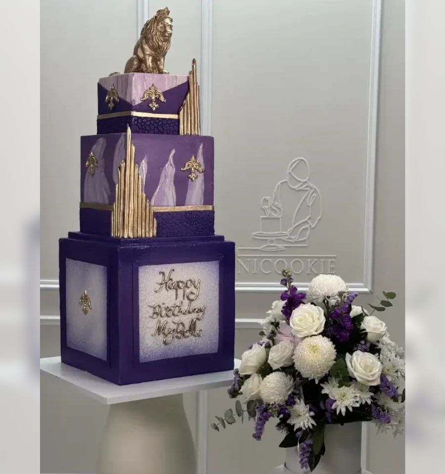 Regal Purple & Gold Celebration - White Roses Luxury Cake