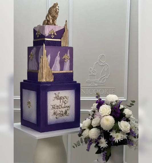 Regal Purple & Gold Celebration - White Roses Luxury Cake