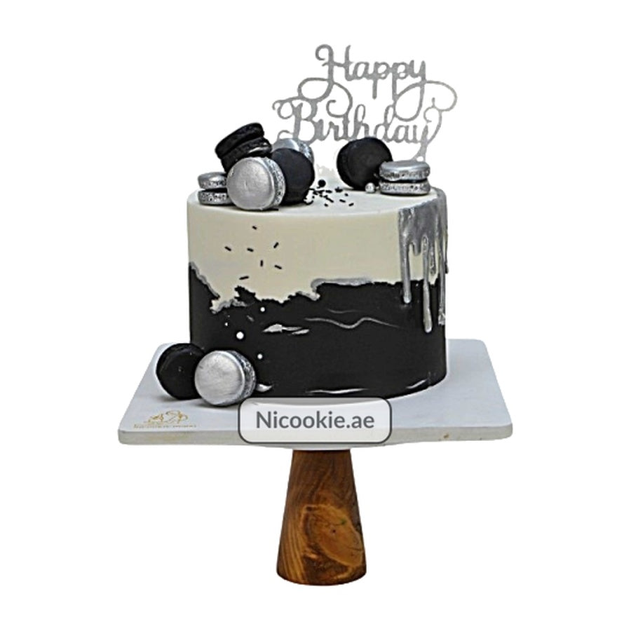 Black and silver birthday cake