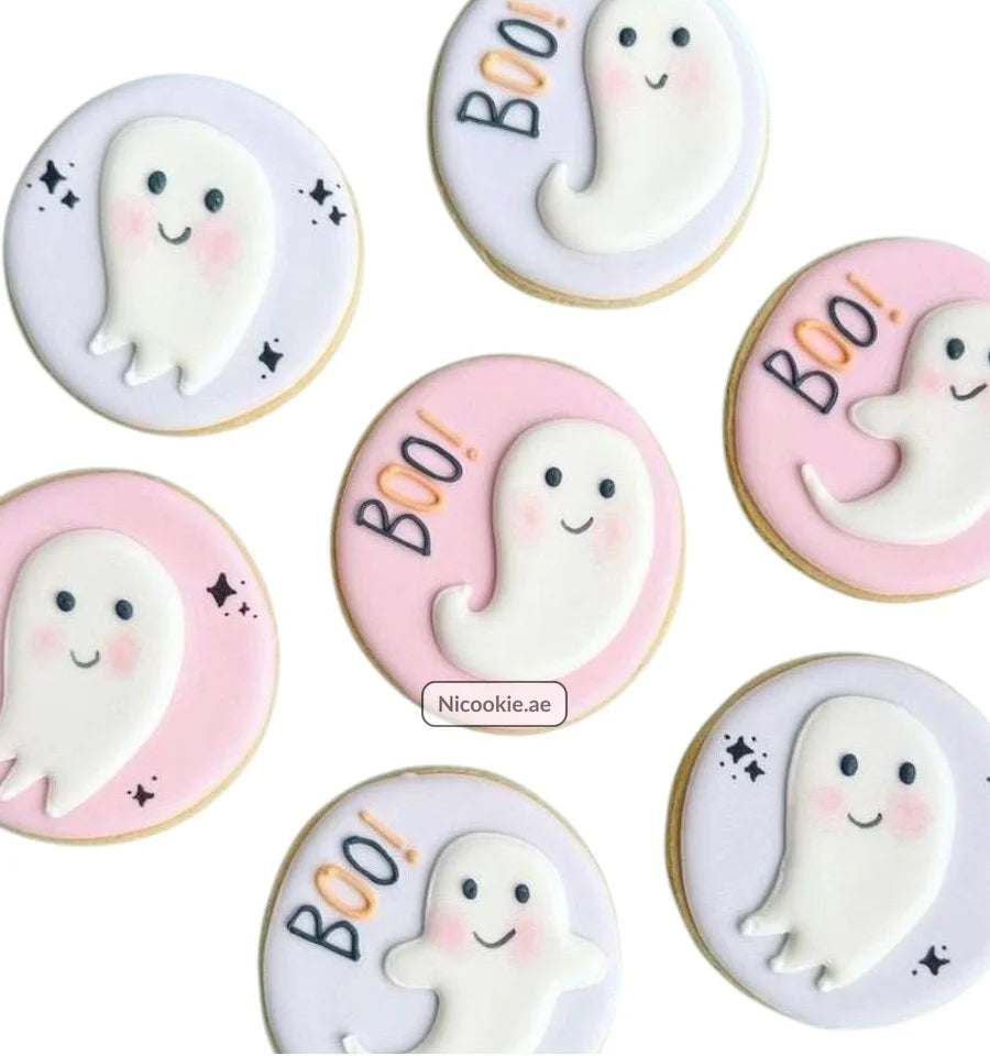 Boo-tiful ghost cookies with pastel hues and "Boo!" accents.