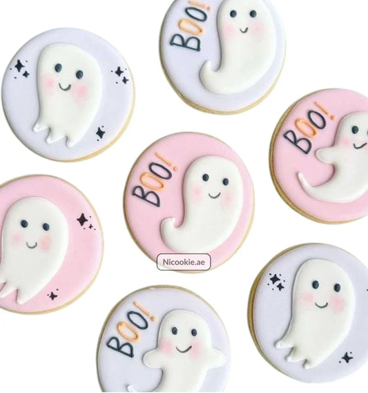Boo-tiful ghost cookies with pastel hues and "Boo!" accents.