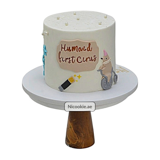 A white circus-themed first birthday cake with a seal on a unicycle.