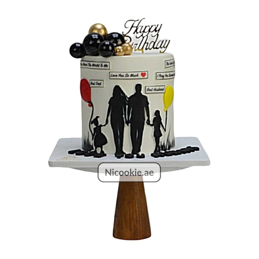 Family love cake with silhouette, balloons, and happy birthday topper.