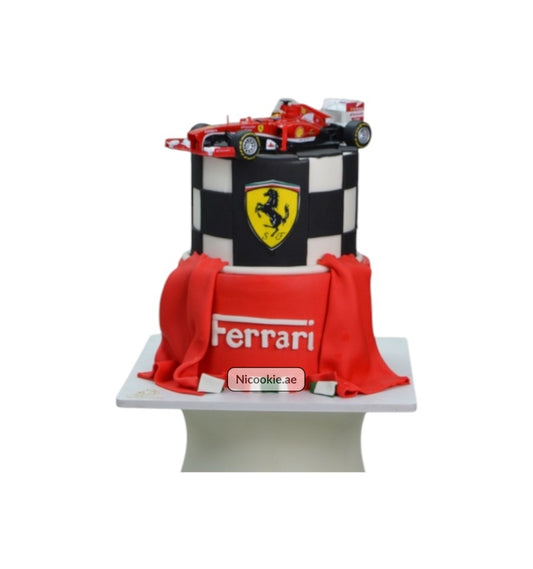 Ferrari racing cake with a checkered pattern and a toy race car on top.