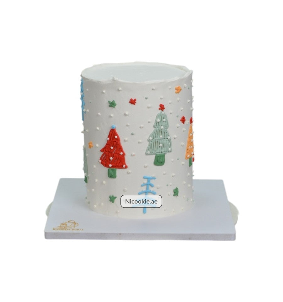 Festive Forest Cake with colorful Christmas trees and snowflakes.