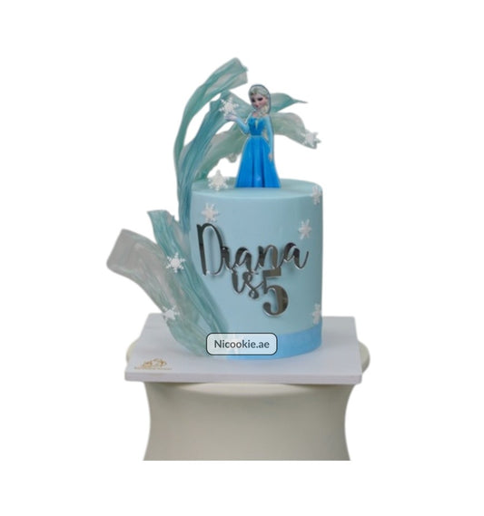 Frozen Princess Celebration cake with Elsa figurine and "Diana is 5" text.