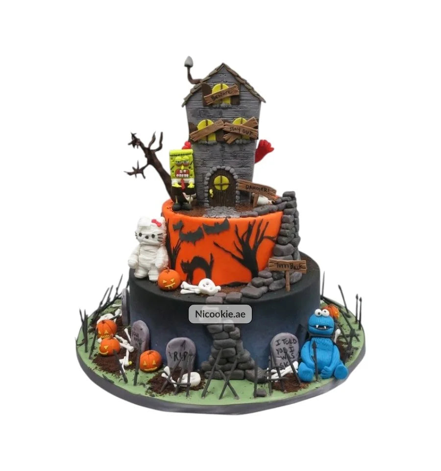 Haunted mansion cake with spooky characters and graveyard decorations.
