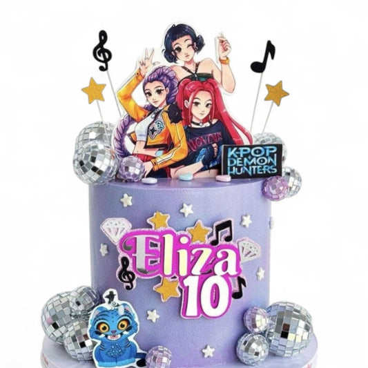 K-Pop Demon Hunters Pink Blue Purple Ruffle Birthday Cake