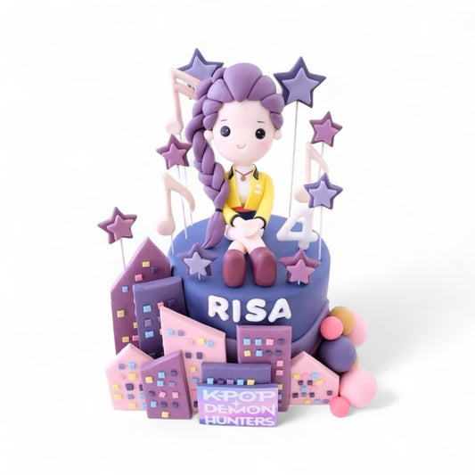 K-Pop Demon Hunters Purple City Cake with Custom Character - Risa