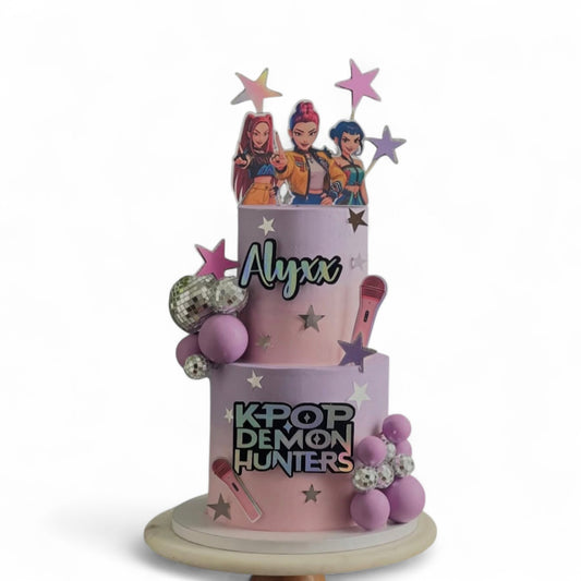 K-Pop Demon Hunters Two-Tier Pink & Purple Star Cake - Alyxx
