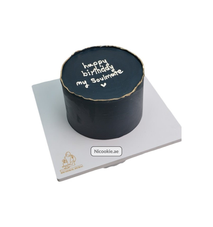 Midnight Soulmate Cake with "happy birthday my Soulmate" written in white icing.