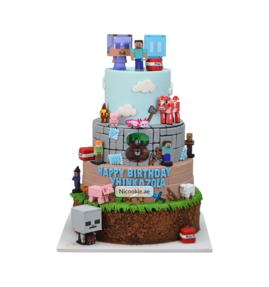 Minecraft Adventure Cake with pixelated characters and decorations.