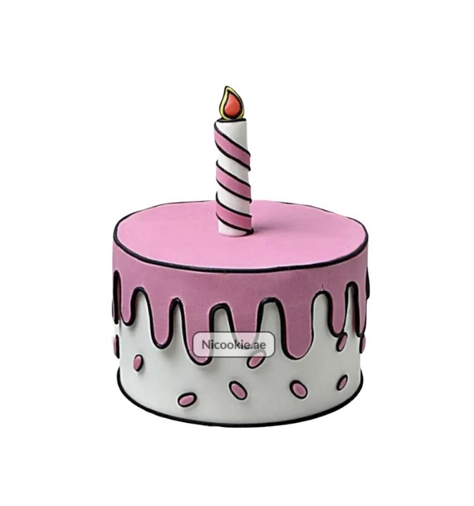 Comic cake with pink frosting, white base, and a striped candle.