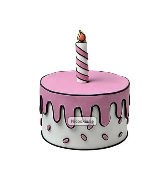 Comic cake with pink frosting, white base, and a striped candle.