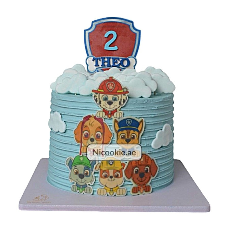 Paw Patrol themed cake with character toppers and a number 2 for Theo.