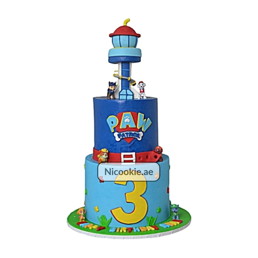 Paw Patrol Lookout cake with a tower and the number 3.