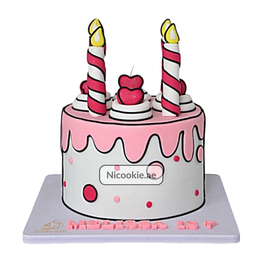 A pink pop-art cake with striped candles and cherry toppers.