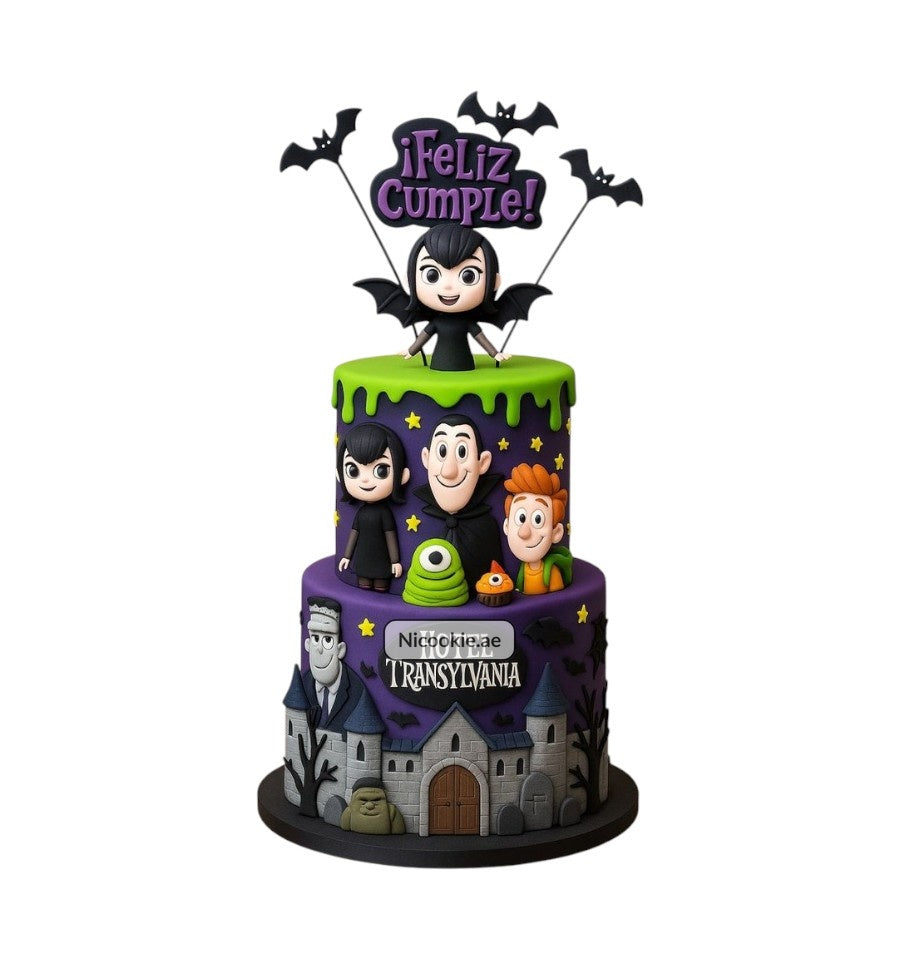 Pastel de cumpleaños de dos niveles con personajes de Hotel Transylvania.